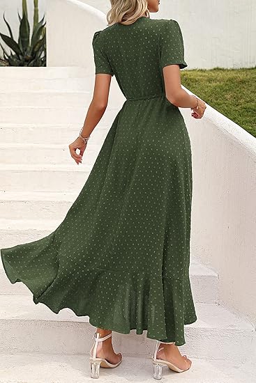 Bohemian Polka Dot Wrap Dress, Slit Maxi Vacation Dress（Sizes S - XL）