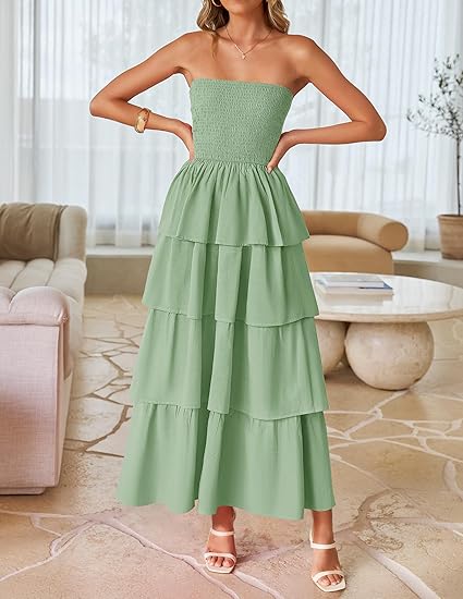 Romantic Strapless Tiered Cake Dress, High - Waisted Maxi Dress（Sizes S - XL）