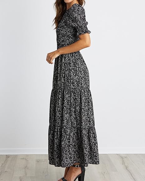 Vintage Floral Puff - Sleeve Dress, Waist - Fitted Tiered Maxi Dress（Sizes S - XL）