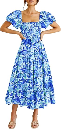 French Square Neck Puff - Sleeve Dress, High - Waisted Floral Maxi Dress（Sizes S - XL）