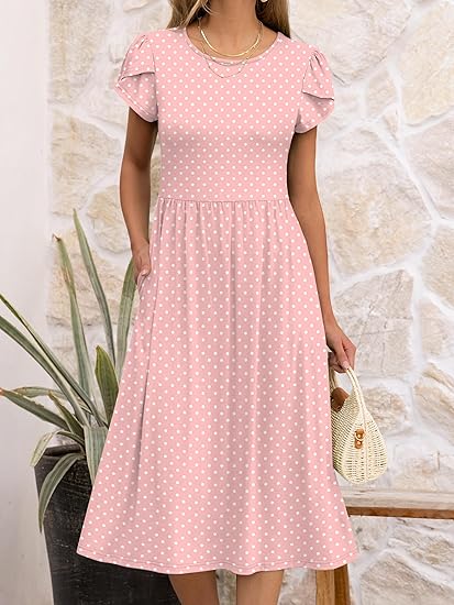 Sweet Polka Dot Flutter - Sleeve Dress, Waist - Fitted Midi A - Line Dress（Sizes S - XL）