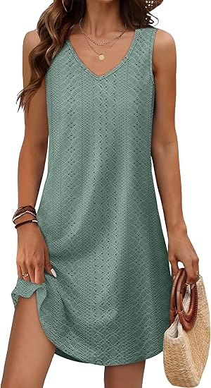 Vintage Crochet Sleeveless Dress, Loose V - Neck Solid Color Beach Dress（Sizes S - XL）
