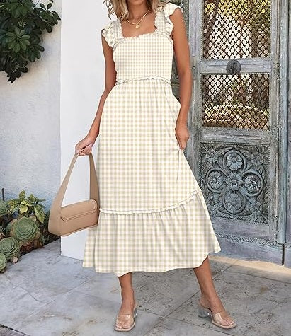 French Vintage Checkered Square Neck Dress, Ruffle - Trimmed Tiered Midi Dress（Sizes S - XL）