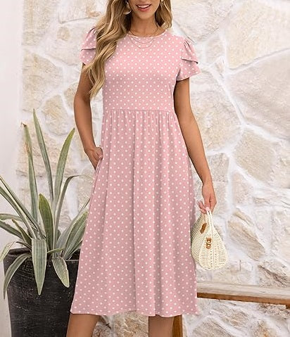 Sweet Polka Dot Flutter - Sleeve Dress, Waist - Fitted Midi A - Line Dress（Sizes S - XL）