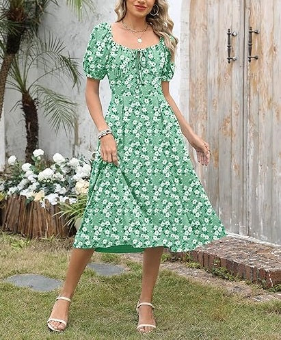 French Square Neck Puff - Sleeve Floral Dress, Waist - Fitted Midi Dress（Sizes S - XL）