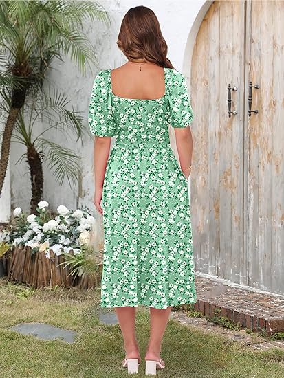 French Square Neck Puff - Sleeve Floral Dress, Waist - Fitted Midi Dress（Sizes S - XL）