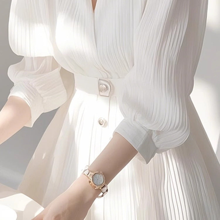 French Elegant V - Neck Dress, Waist - Fitted Lantern - Sleeve Temperament Midi Dress（Sizes S - XL）