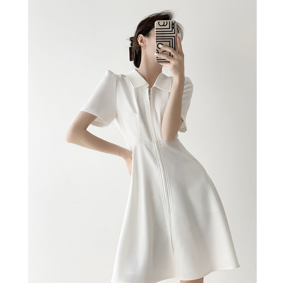 Minimalist Collared Zipper Dress, Waist - Fitted Short - Sleeve A - Line Dress（Sizes S - XL）