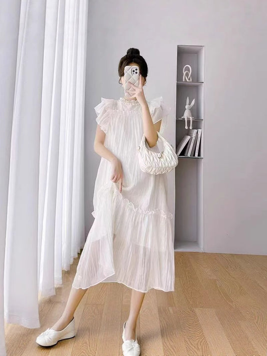 Sweet Fairy - Style White Dress, Ruffled High - Waisted Loose Midi Dress（Sizes S - XL）