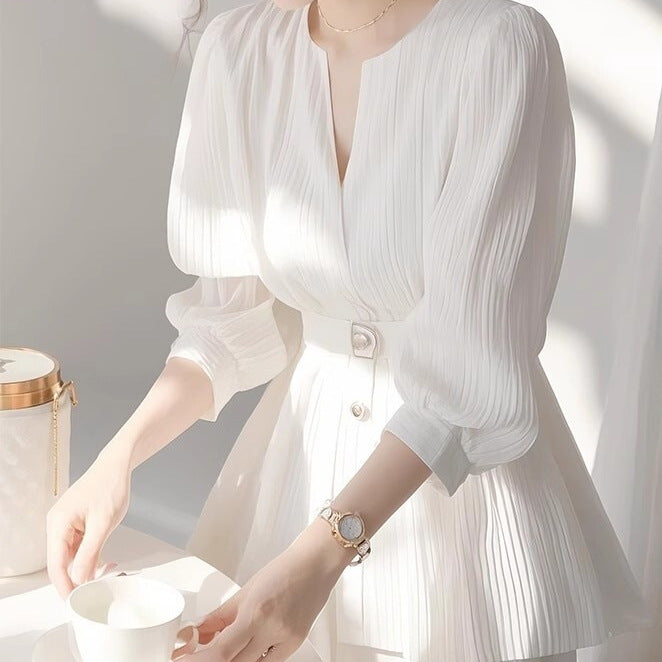 French Elegant V - Neck Dress, Waist - Fitted Lantern - Sleeve Temperament Midi Dress（Sizes S - XL）