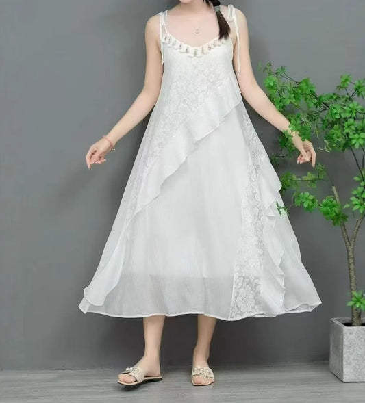 Sweet Fairy - Style White Dress, Ruffled High - Waisted Loose Midi Dress（Sizes S - XL）