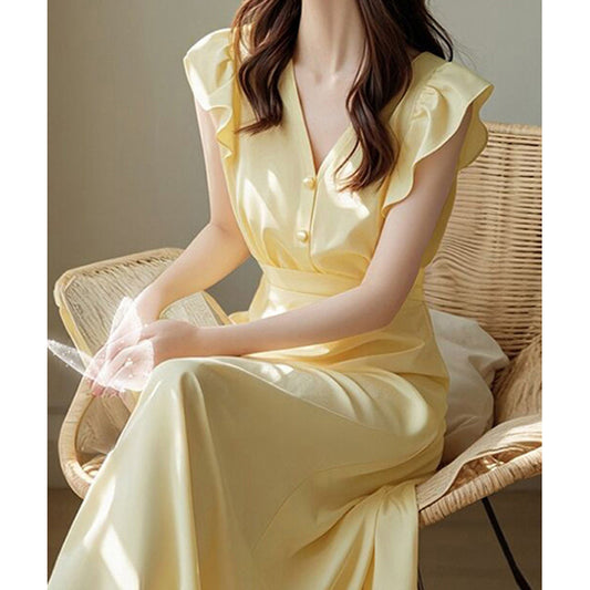 French Romantic Ruffle - Sleeve Dress, Waist - Fitted V - Neck Satin Maxi Dress（Sizes S - XL）