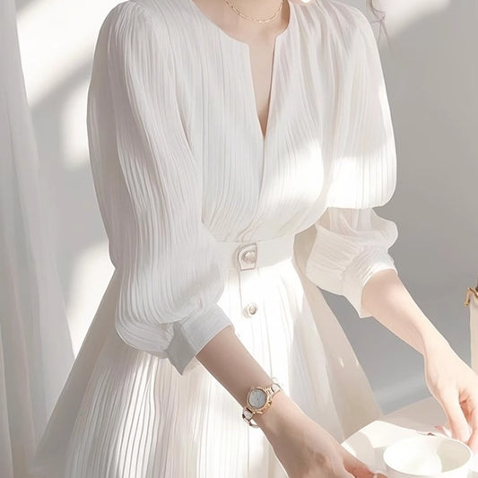 French Elegant V - Neck Dress, Waist - Fitted Lantern - Sleeve Temperament Midi Dress（Sizes S - XL）