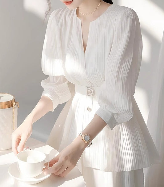 French Elegant V - Neck Dress, Waist - Fitted Lantern - Sleeve Temperament Midi Dress（Sizes S - XL）