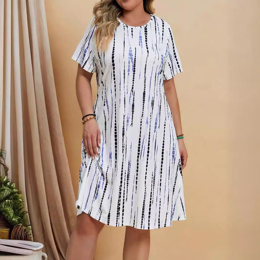 Plus - Size Friendly! Artistic Line - Printed Dress, Loose Slim - Fitted Crew - Neck Midi Dress（Sizes S - XL）
