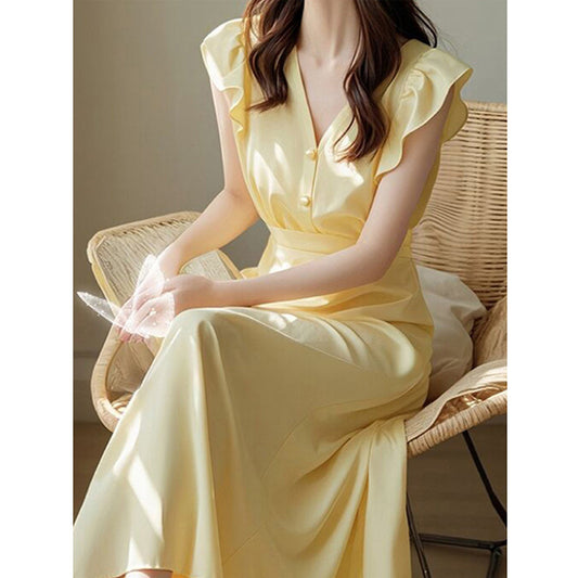 French Romantic Ruffle - Sleeve Dress, Waist - Fitted V - Neck Satin Maxi Dress（Sizes S - XL）