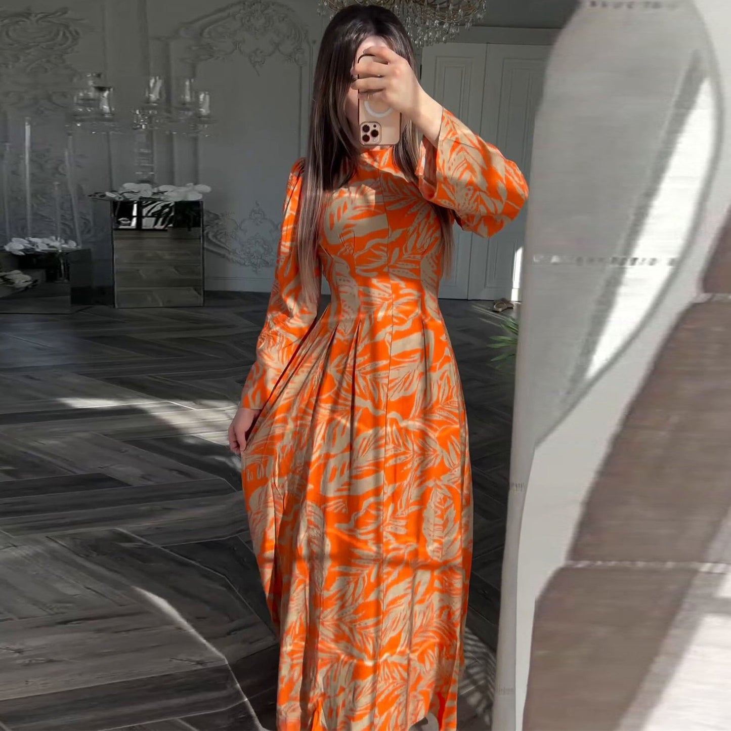 Vintage Printed High - Neck Dress, Waist - Fitted Long - Sleeve Maxi Dress（Sizes S - XL）