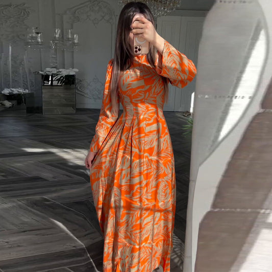 Vintage Printed High - Neck Dress, Waist - Fitted Long - Sleeve Maxi Dress（Sizes S - XL）
