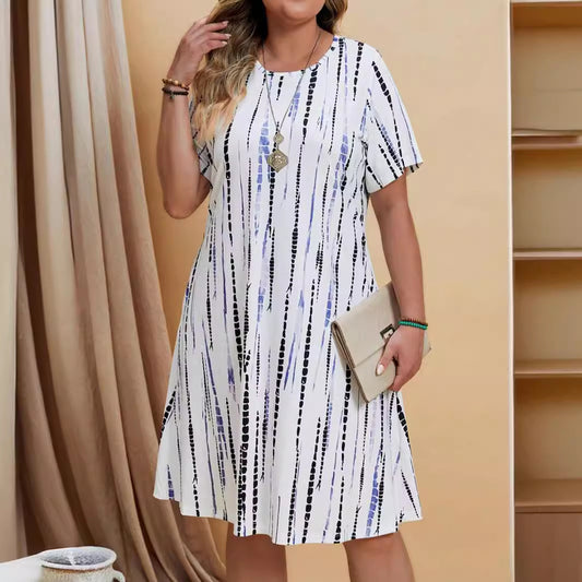 Plus - Size Friendly! Artistic Line - Printed Dress, Loose Slim - Fitted Crew - Neck Midi Dress（Sizes S - XL）