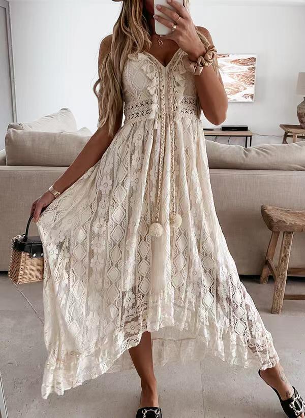 Bohemian Lace Sling Dress, Irregular Hem Vacation Maxi Dress（Sizes S - XL）