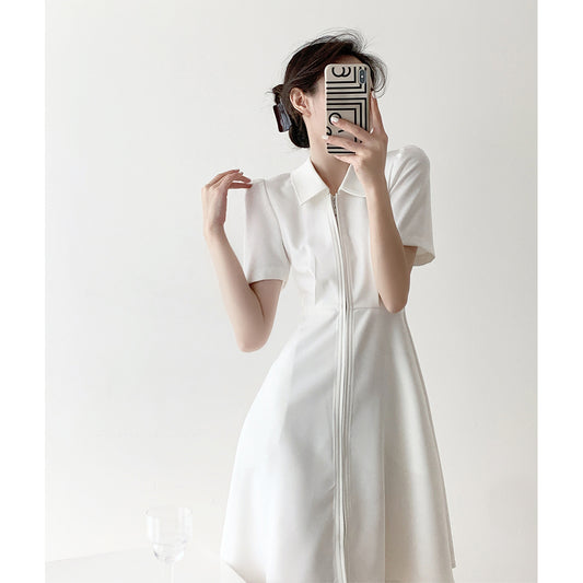 Minimalist Collared Zipper Dress, Waist - Fitted Short - Sleeve A - Line Dress（Sizes S - XL）