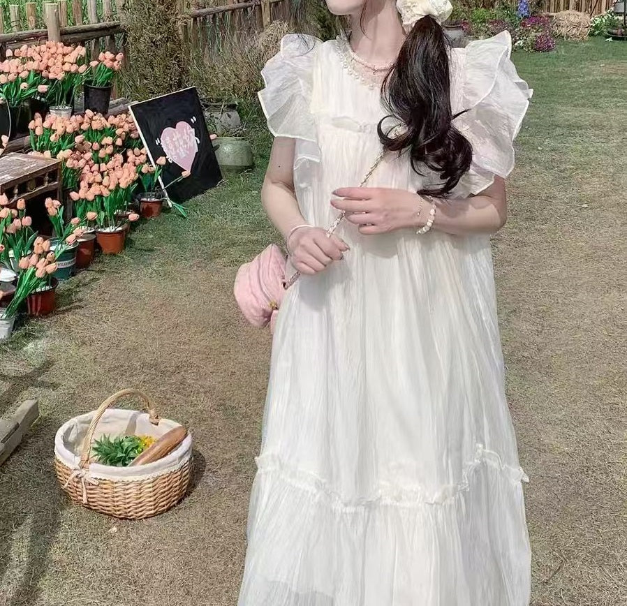 Sweet Fairy - Style White Dress, Ruffled High - Waisted Loose Midi Dress（Sizes S - XL）