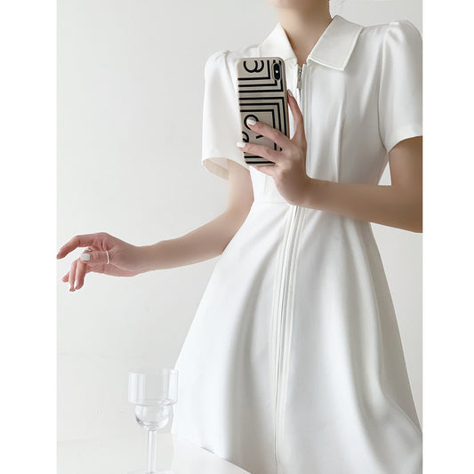 Minimalist Collared Zipper Dress, Waist - Fitted Short - Sleeve A - Line Dress（Sizes S - XL）