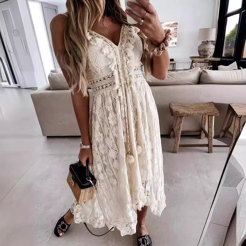 Bohemian Lace Sling Dress, Irregular Hem Vacation Maxi Dress（Sizes S - XL）