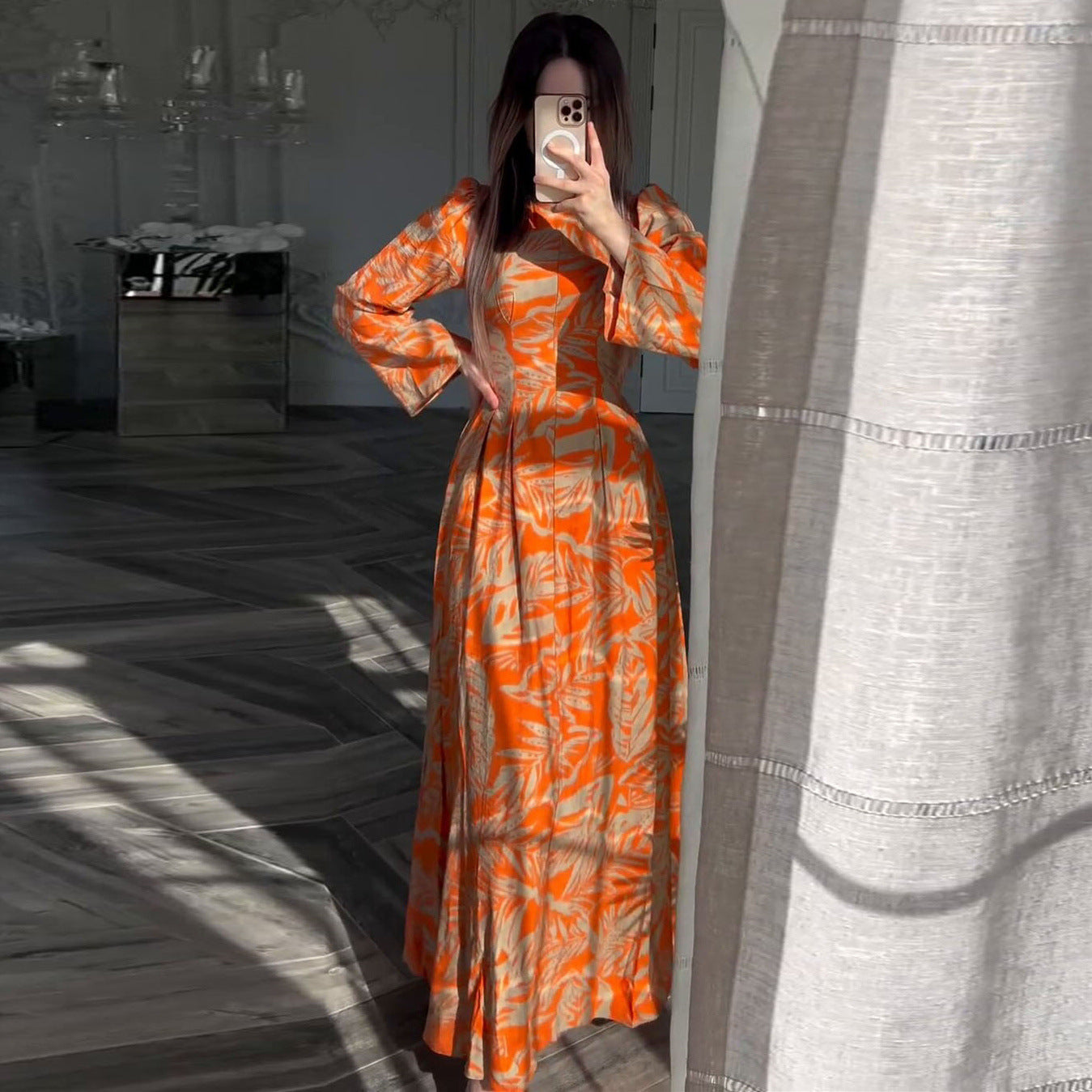 Vintage Printed High - Neck Dress, Waist - Fitted Long - Sleeve Maxi Dress（Sizes S - XL）