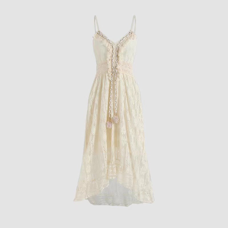 Bohemian Lace Sling Dress, Irregular Hem Vacation Maxi Dress（Sizes S - XL）