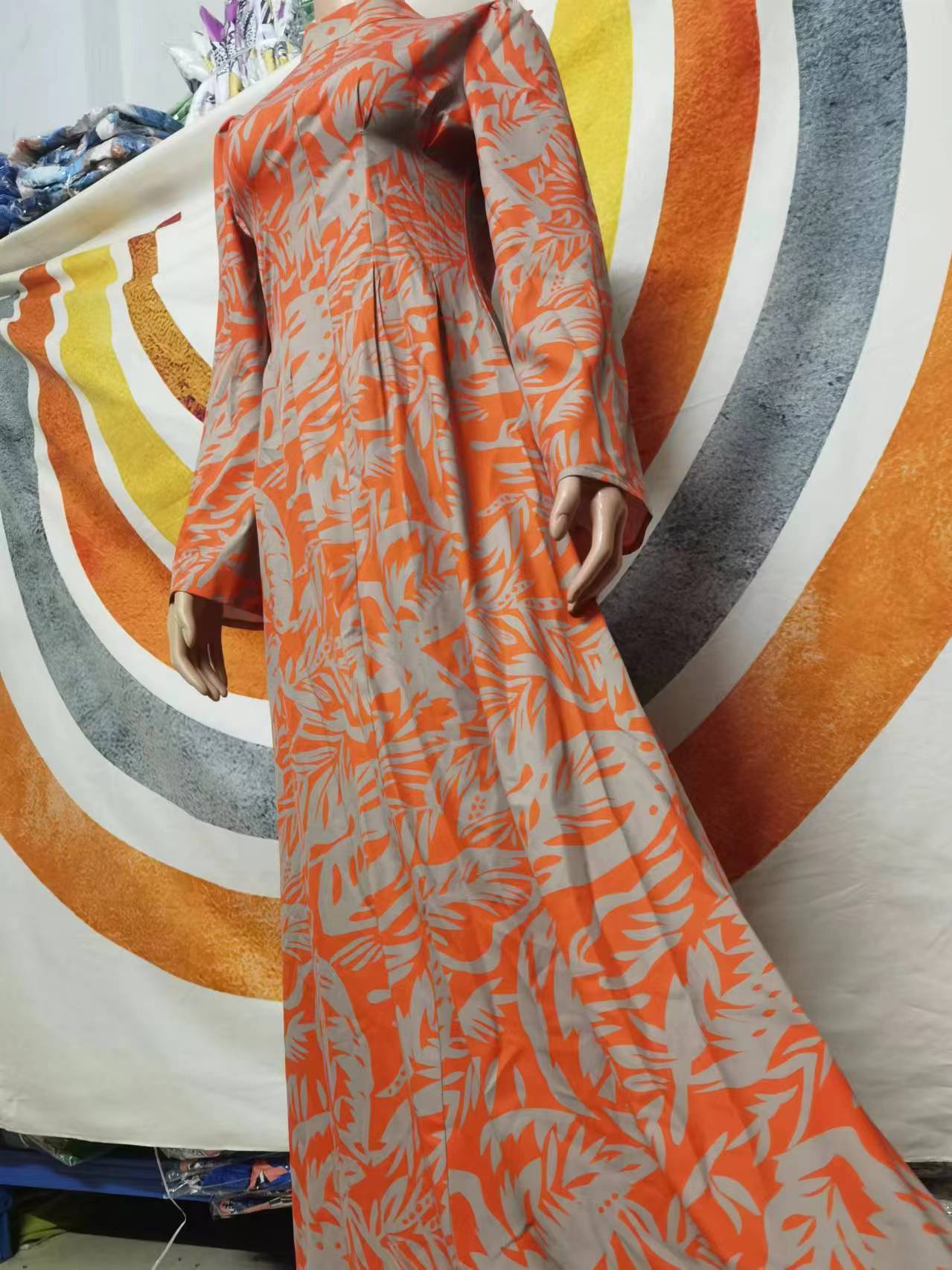Vintage Printed High - Neck Dress, Waist - Fitted Long - Sleeve Maxi Dress（Sizes S - XL）