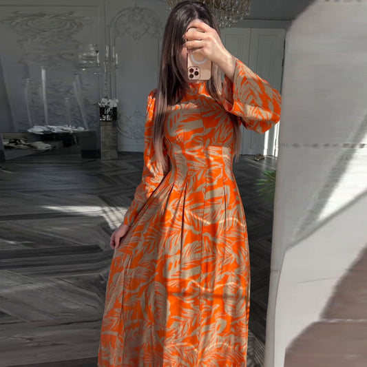 Vintage Printed High - Neck Dress, Waist - Fitted Long - Sleeve Maxi Dress（Sizes S - XL）