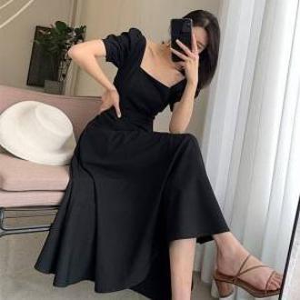 French Retro Square Neck Dress, Hepburn - Style Waist - Fitted Slimming Midi Dress（Sizes S - XL）