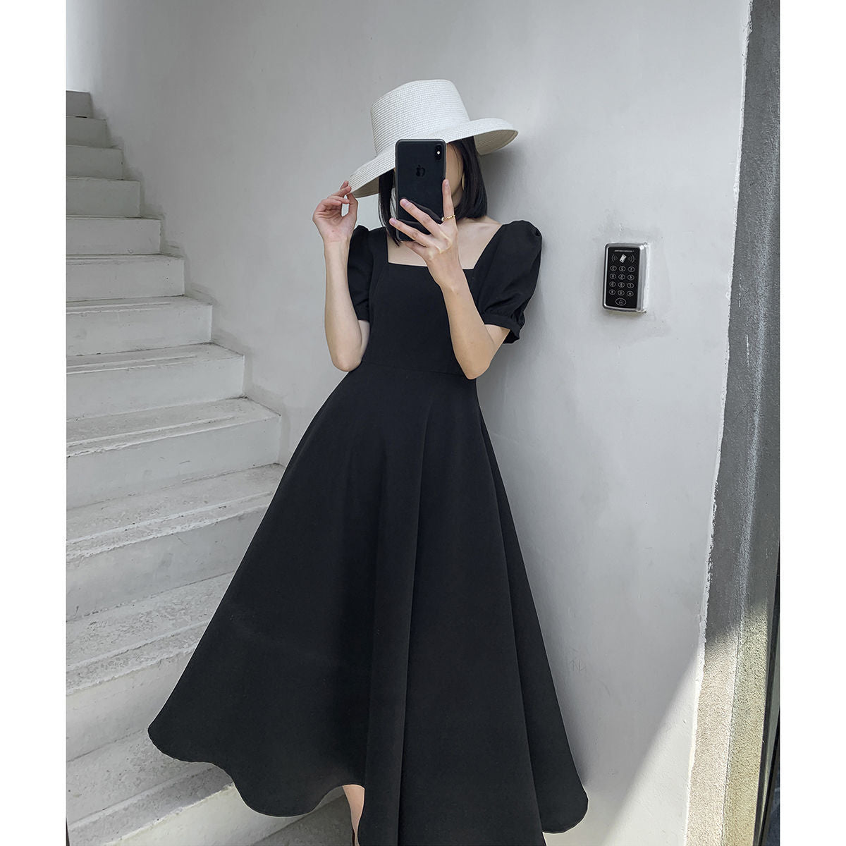 French Retro Square Neck Dress, Hepburn - Style Waist - Fitted Slimming Midi Dress（Sizes S - XL）