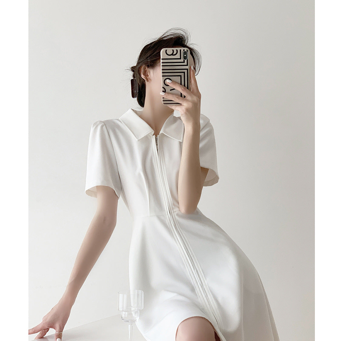 Minimalist Collared Zipper Dress, Waist - Fitted Short - Sleeve A - Line Dress（Sizes S - XL）