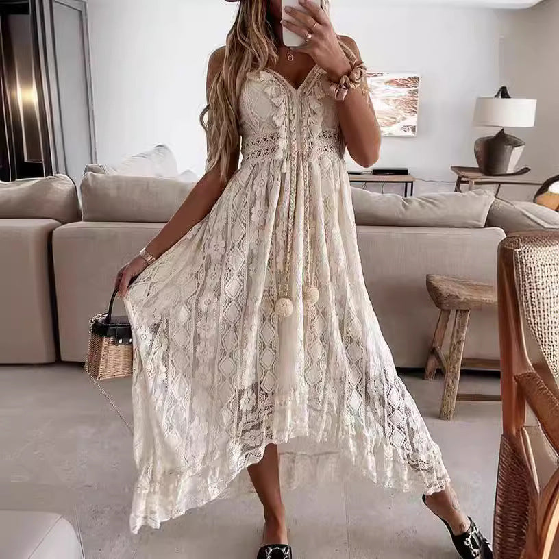 Bohemian Lace Sling Dress, Irregular Hem Vacation Maxi Dress（Sizes S - XL）