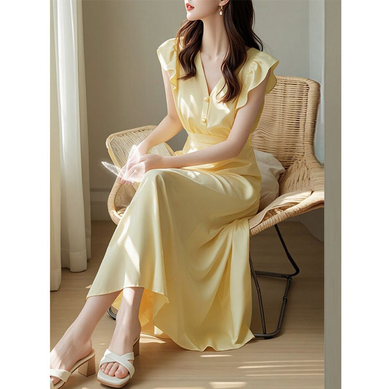 French Romantic Ruffle - Sleeve Dress, Waist - Fitted V - Neck Satin Maxi Dress（Sizes S - XL）